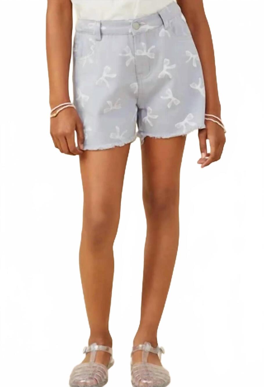 NEW HAYDEN GIRLS girls bow printed distressed denim shorts in blue